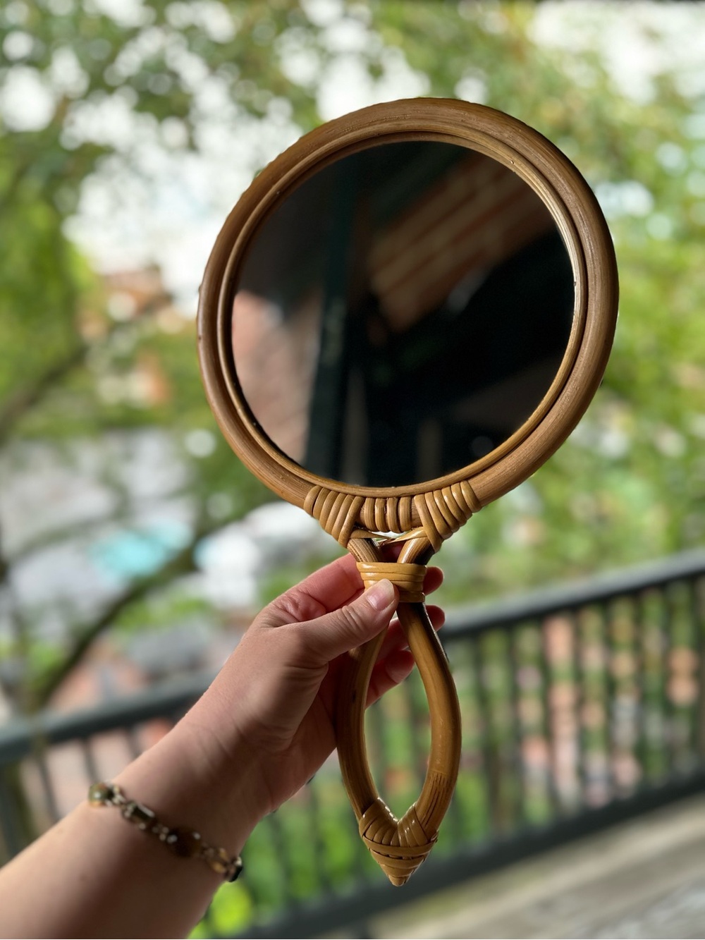 Vintage Mid Century Wrapped Bamboo Hand Mirror Taiwan